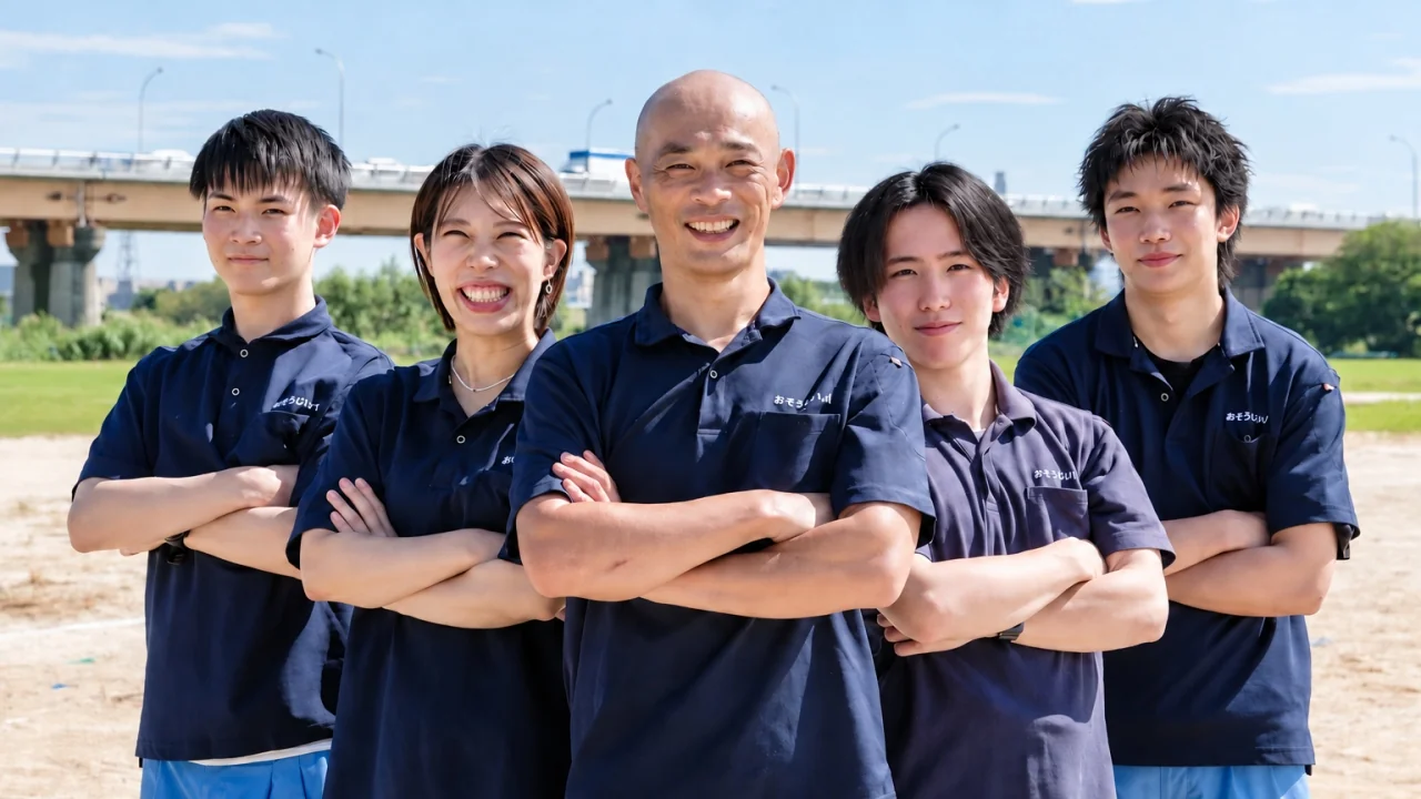 橋を背景にしたおそうじパパのスタッフ5人の集合写真