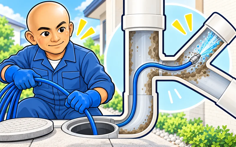 曲がりや分岐のある配管へホースを導く技術のAIイラスト