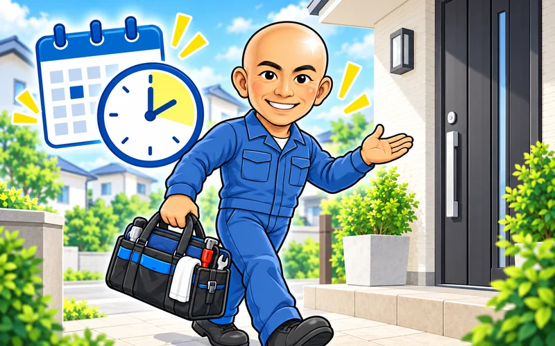 時計とカレンダーを背景に道具を持って訪問するAIイラスト