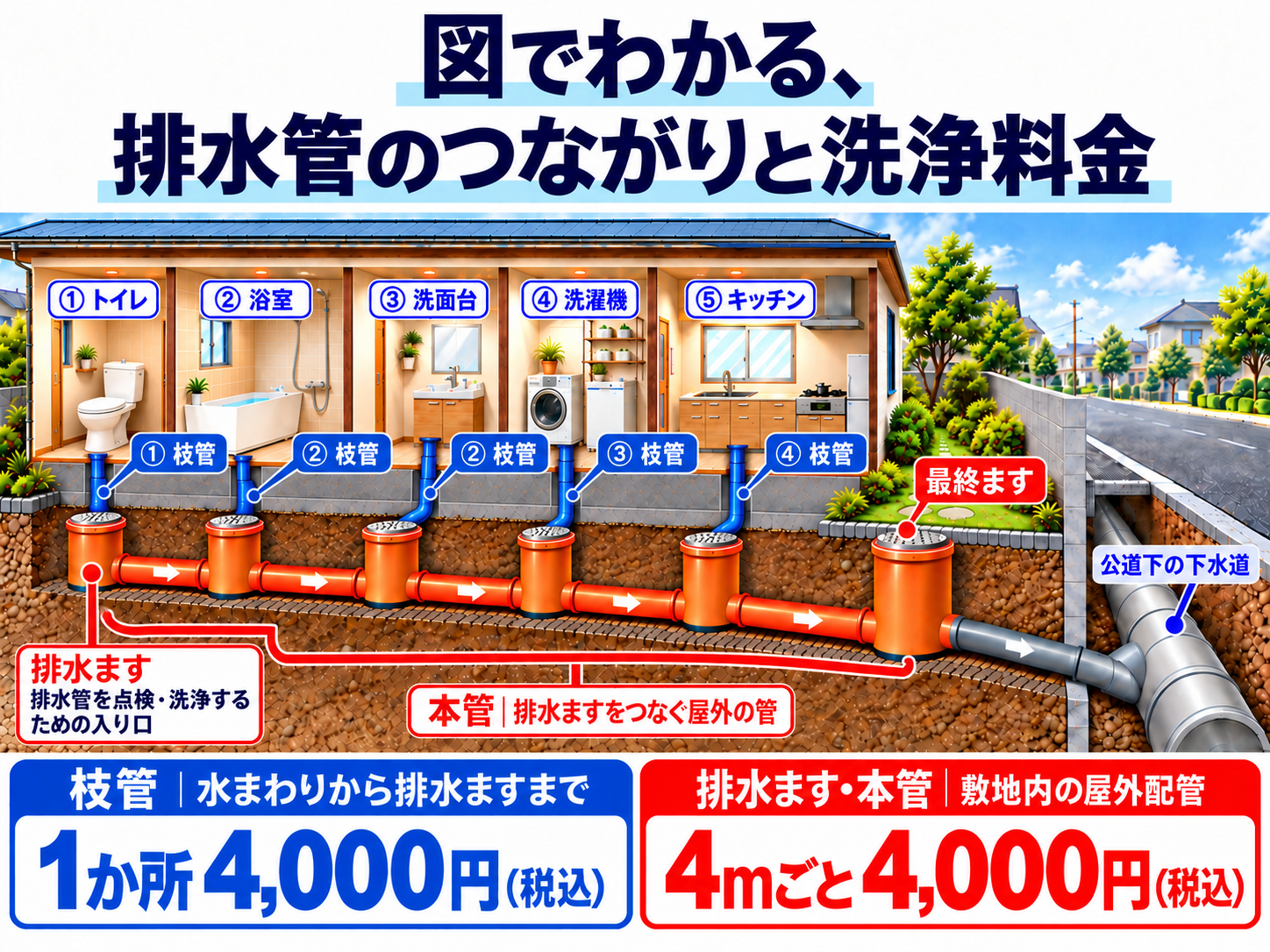 排水管のつながりと洗浄料金。トイレ・浴室・洗面台・洗濯機・キッチンから排水ますまでの枝管は通常洗浄1か所4,000円税込。敷地内の排水ます・本管は4mごと4,000円税込。公道下の下水道は対象範囲の外です。