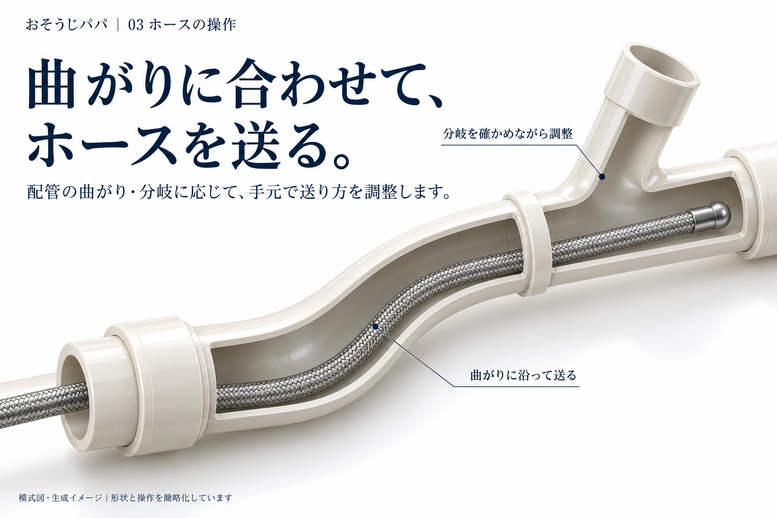 曲がりや分岐に合わせてホースを送る模式図