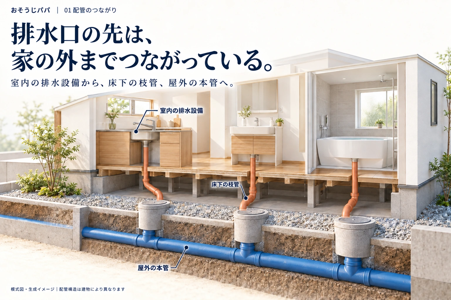 台所・浴室・洗面の配管から屋外本管へつながる様子を表す模式図