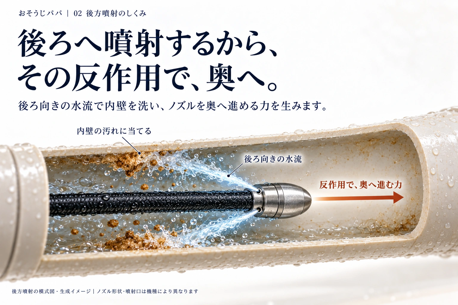配管内で水流を当てる仕組みの模式図
